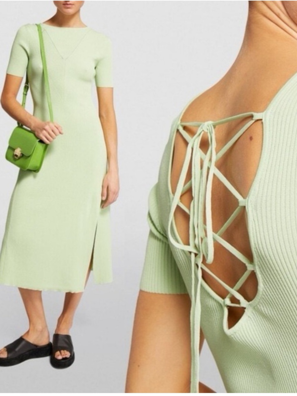 MAJE Ribbed Tie Back Midi Dress Size XL 42 Green Ruche Vert